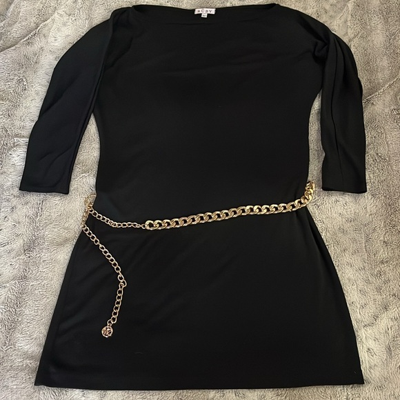 Black long sleeve dress L sleek stretch batwing LBD back seam retro chic Rũby - Picture 1 of 5